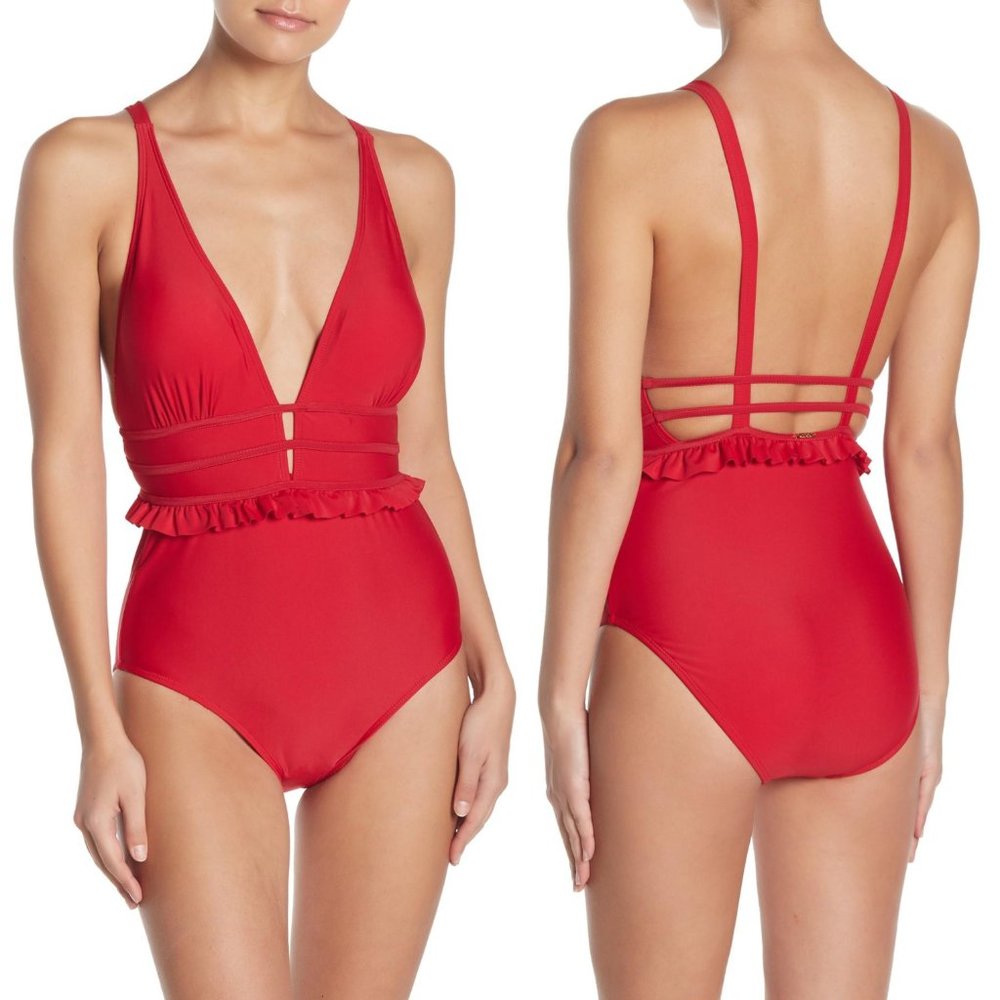 Nicole Miller Red Strappy Ruffle Waist One-Piece Swimsuit